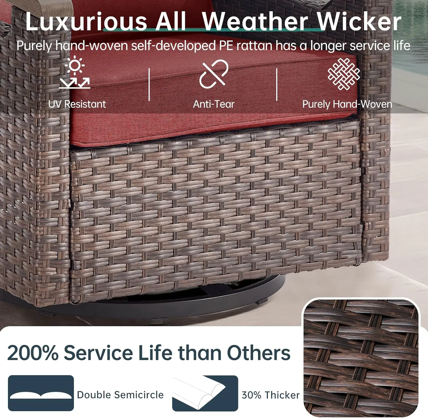 Luxury 9 Piece Heavy Duty Patio Furniture Set with Swivel Chairs - All Weather Wicker Comfort Thick Cushion Outdoor Conversation Set for Porch Poolside Deck - Red