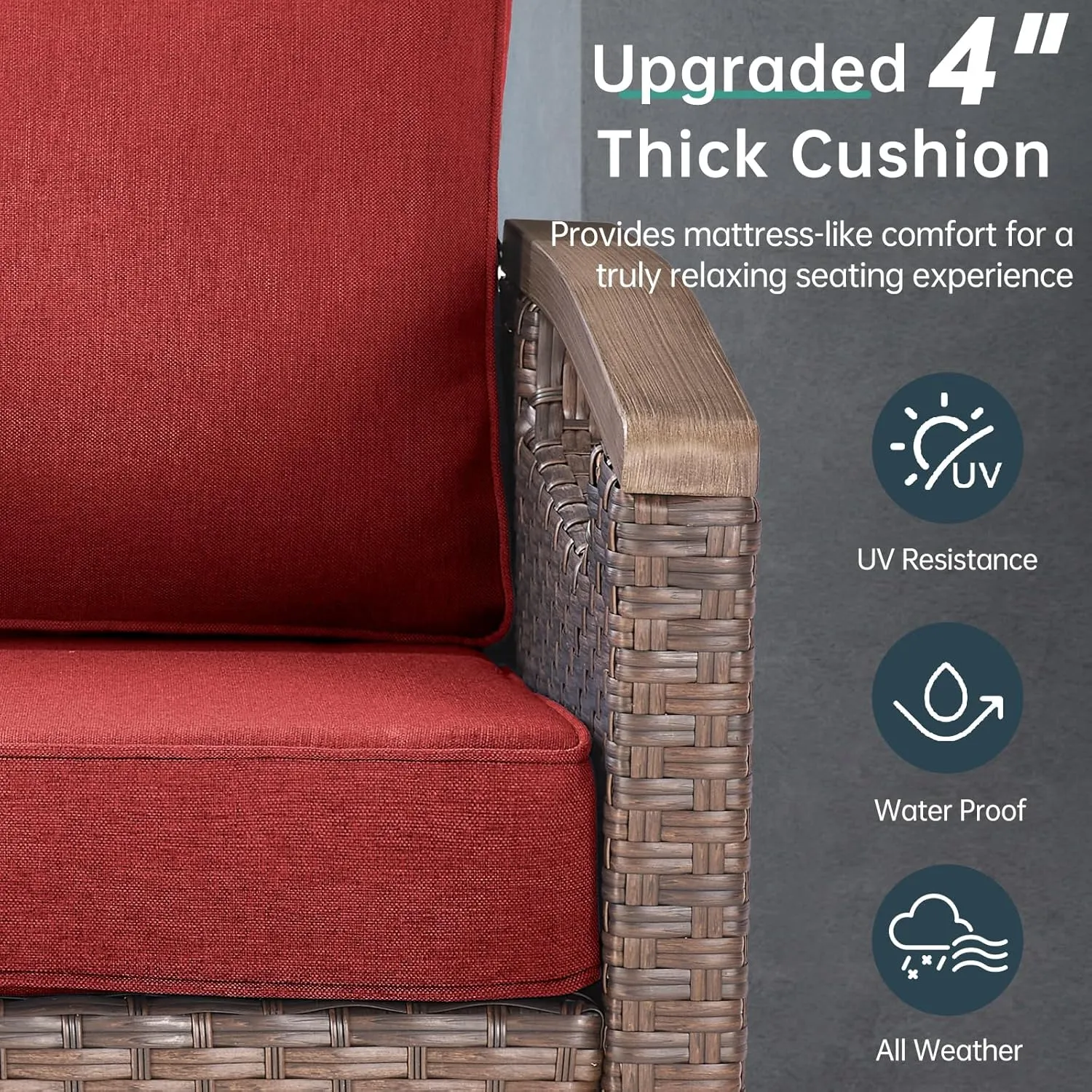 Luxury 9 Piece Heavy Duty Patio Furniture Set with Swivel Chairs - All Weather Wicker Comfort Thick Cushion Outdoor Conversation Set for Porch Poolside Deck - Red