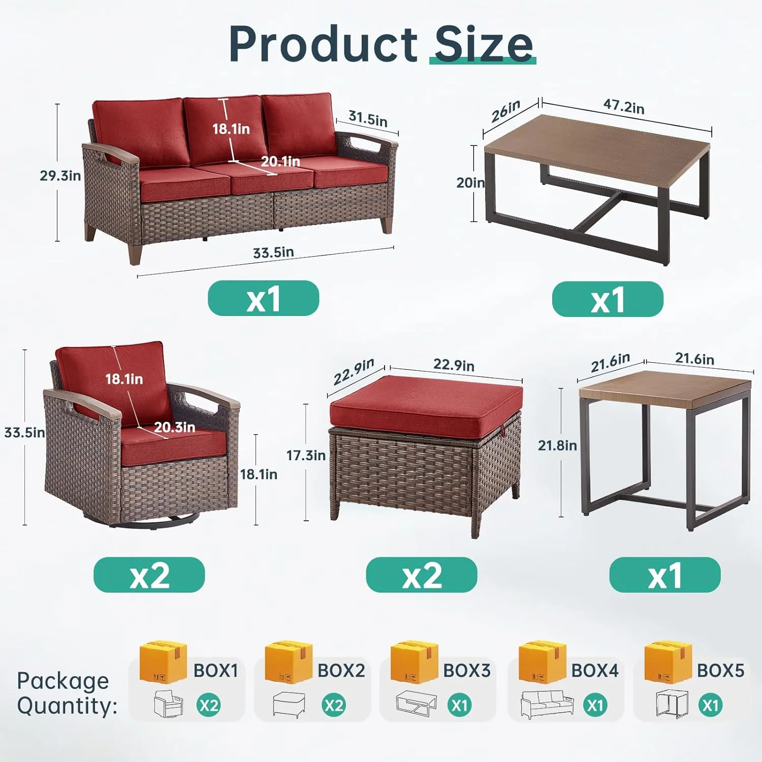 Luxury 9 Piece Heavy Duty Patio Furniture Set with Swivel Chairs - All Weather Wicker Comfort Thick Cushion Outdoor Conversation Set for Porch Poolside Deck - Red