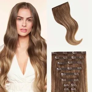 Luxy 100% Remy Human Hair, Classic 160g Clip-In Hair Extensions - 10 Wefts Multi-Dimensional Color for Natural Blending, Adds Volume & Length, Easy Apply & Remove 20" Chestnut Brown Balayage