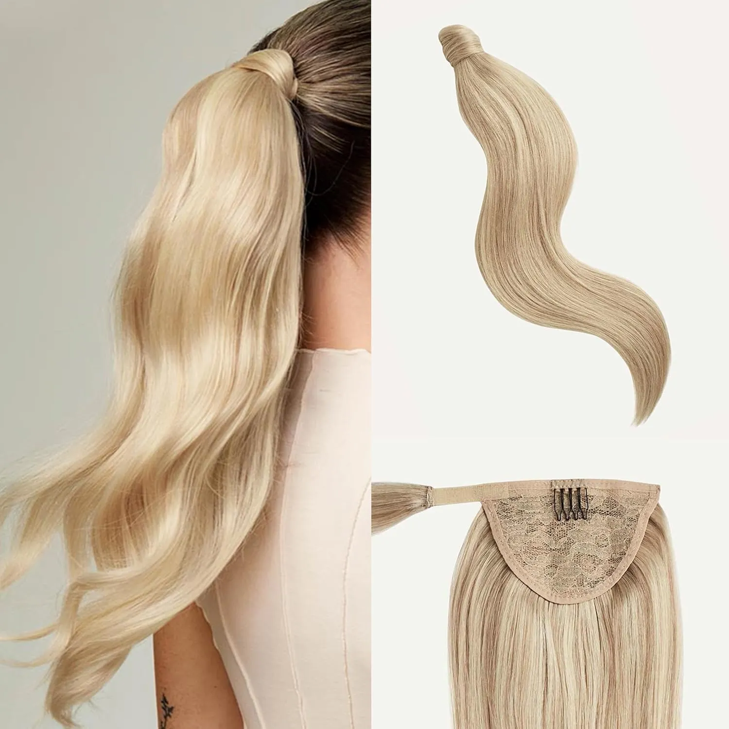 Luxy 100% Remy Human Hair, Clip-In Ponytail Extension, One-Piece Velcro Wrap & Secure Prongs - Natural Looking Volume & Length for All Hair Types 120 grams 20" Dimensional Beige Blonde