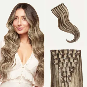 Luxy 100% Remy Human Hair - Seamless Clip-In Hair Extensions - Multi-Dimensional Color for Natural Blending, Adds Volume & Length 160 grams 16" Ash Brown Highlights