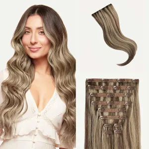 Luxy Hair 24" Ash Brown Highlights Classic Clip-In Hair Extensions (240 grams) 100% Remy Human Hair, Natural,Volume, 10-Piece Set, Blends Easily
