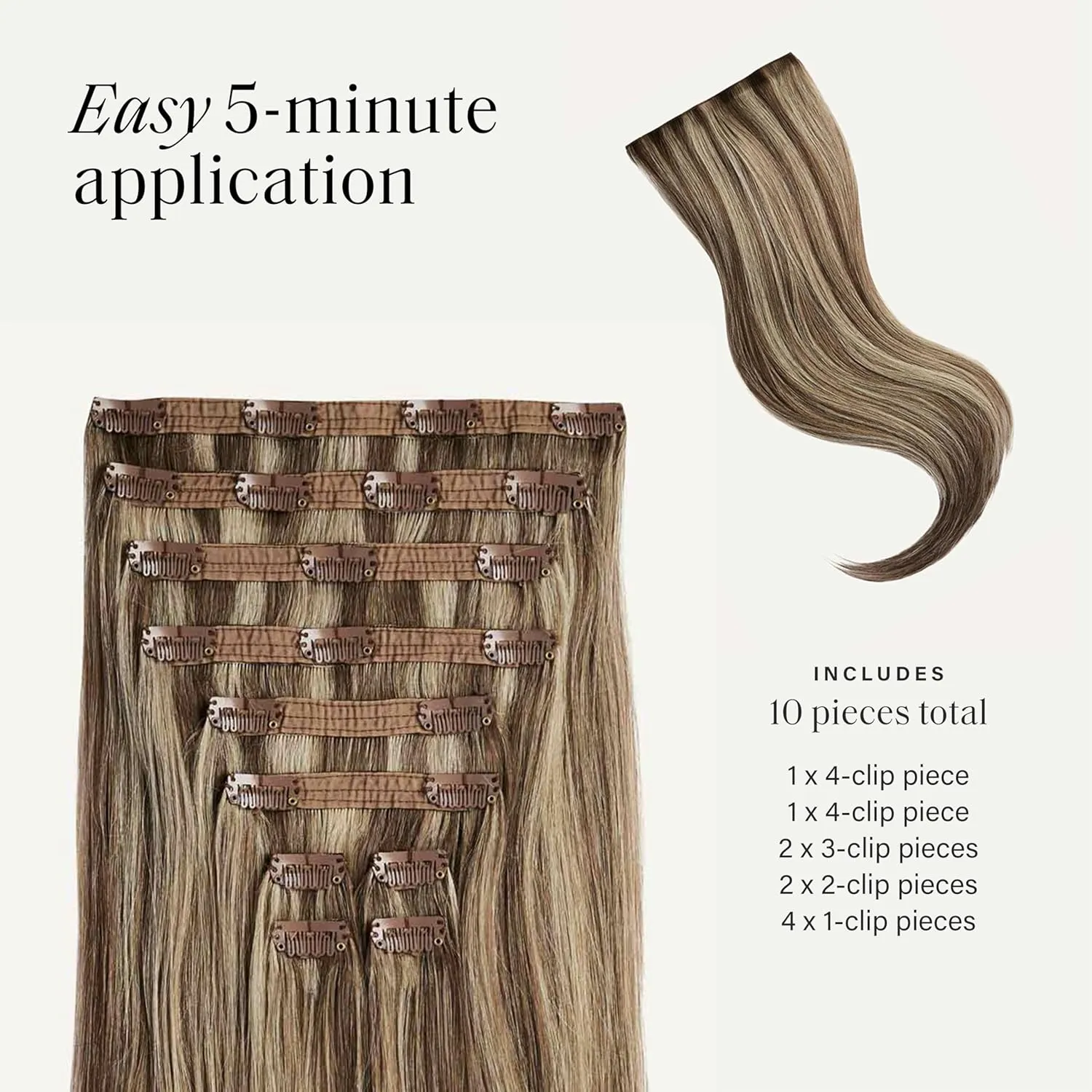 Luxy Hair 24" Ash Brown Highlights Classic Clip-In Hair Extensions (240 grams) 100% Remy Human Hair, Natural,Volume, 10-Piece Set, Blends Easily