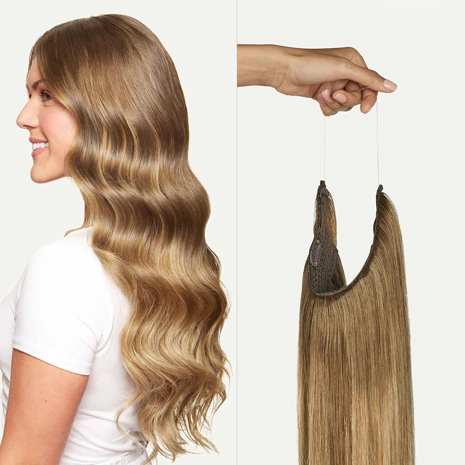 Luxy 100% Remy Human Hair – Halo Clip-In Hair Extensions –Natural Looking Volume & Length - One-Piece - Easy 5-Min Application 140 grams 16" Bronde Balayage Halo