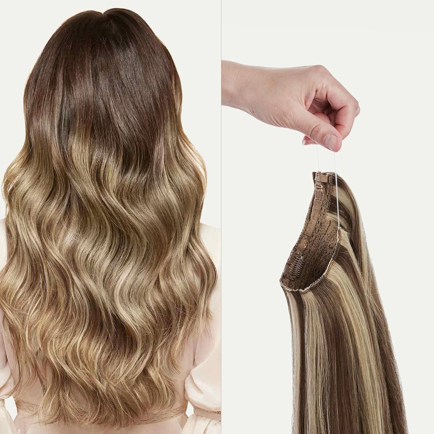 Luxy 100% Remy Human Hair – Halo Clip-In Hair Extensions –Natural Looking Volume & Length - One-Piece - Easy 5-Min Application 180 grams 20" Ash Brown Highlights