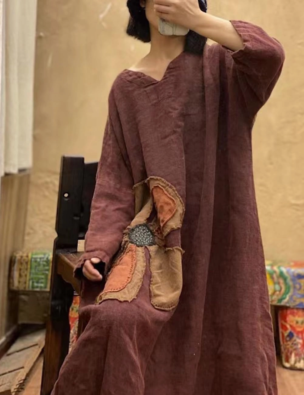LUZU JUNU Women's Full Figure Maxi Long Linen Dress Applique Flower Long Sleeve Plus Size Kaftan Dresses