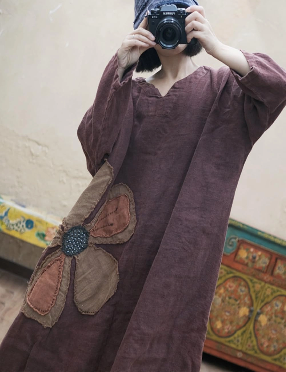 LUZU JUNU Women's Full Figure Maxi Long Linen Dress Applique Flower Long Sleeve Plus Size Kaftan Dresses