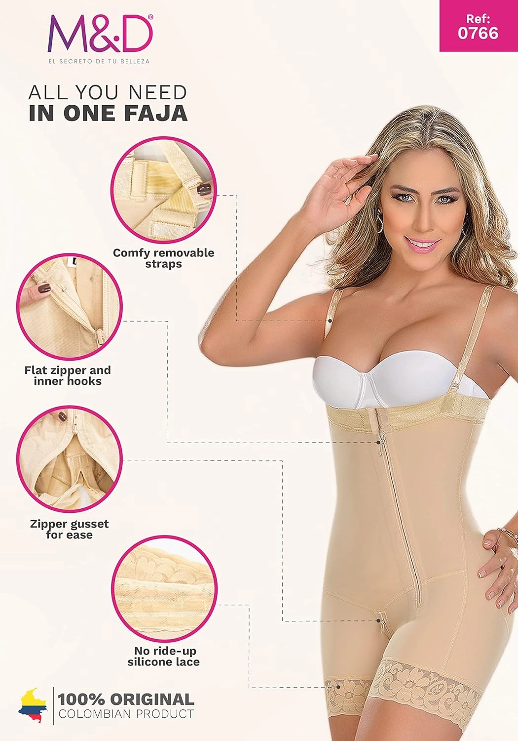 M&D 0766 Full Body Shaper Mid Thigh Bodysuit | Fajas Levanta Cola Colombianas