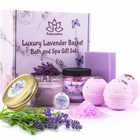 Made in USA Spa Gift Baskets for Women Organic Lavender, Bath and Body at Home, Spa Kit, Soy Wax Candle, Natural Oil Bath Salt, 3 Bath Bombs, Soap Bar, Body Sugar Scrub, for Mom, Girls