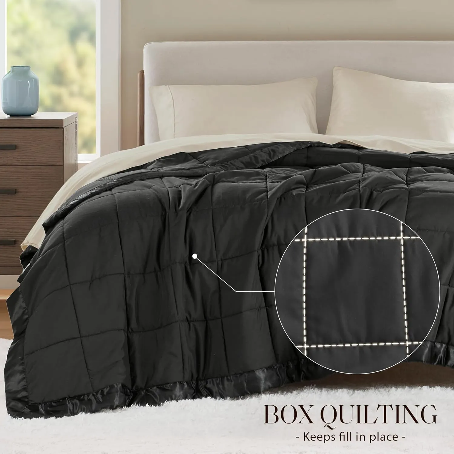 Madison Park Ultra-Soft Microfiber Blanket, Box Quilting with Satin Binding, All Season & Lightweight Summer Blanket for Bed, Couch & Sofa, Full/Queen, Black