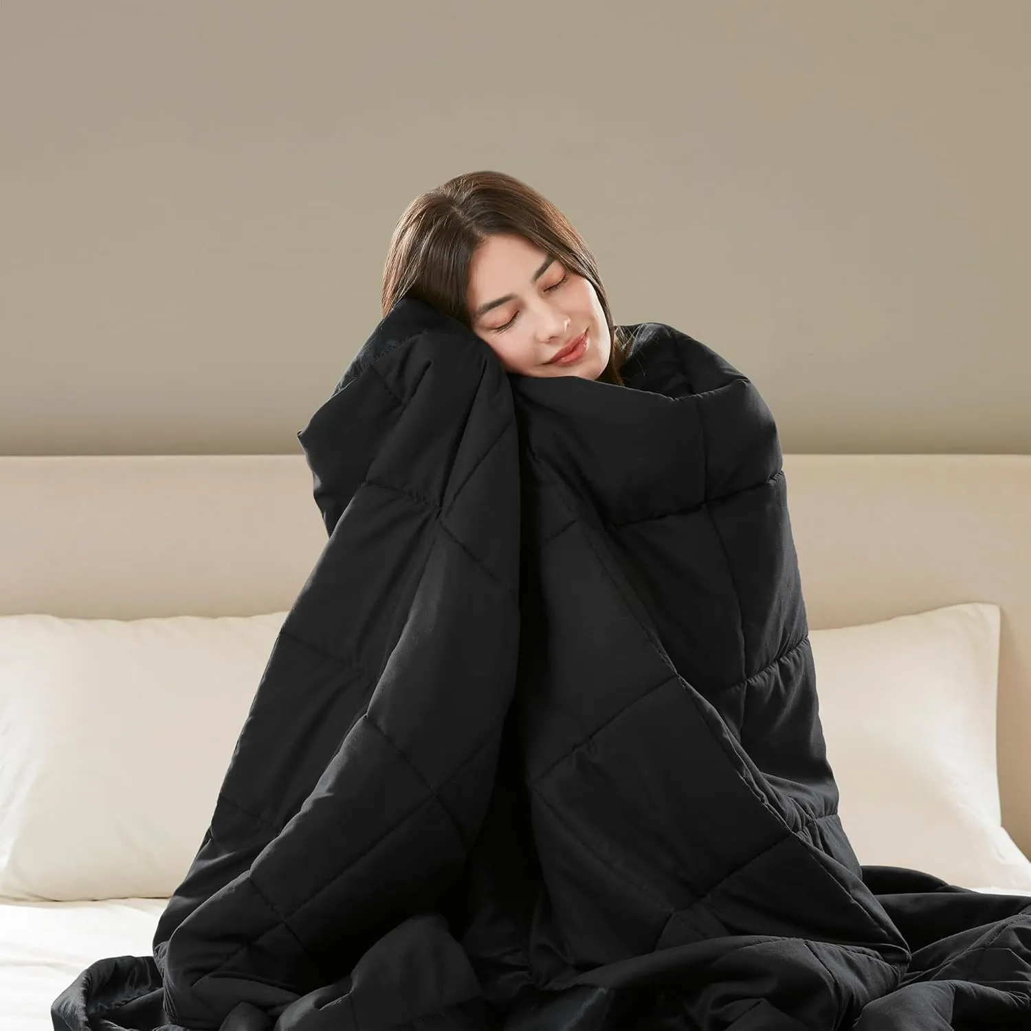 Madison Park Ultra-Soft Microfiber Blanket, Box Quilting with Satin Binding, All Season & Lightweight Summer Blanket for Bed, Couch & Sofa, Full/Queen, Black