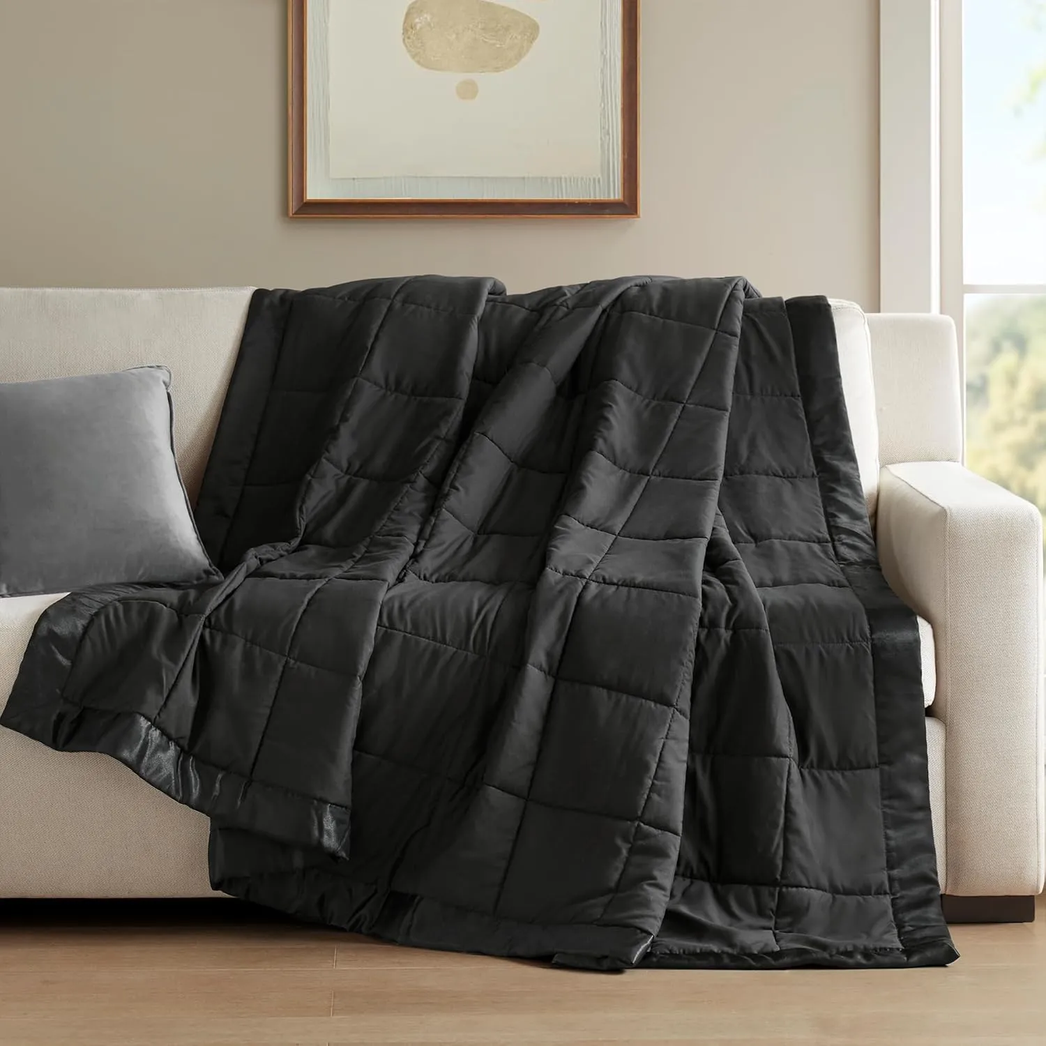 Madison Park Ultra-Soft Microfiber Blanket, Box Quilting with Satin Binding, All Season & Lightweight Summer Blanket for Bed, Couch & Sofa, Full/Queen, Black