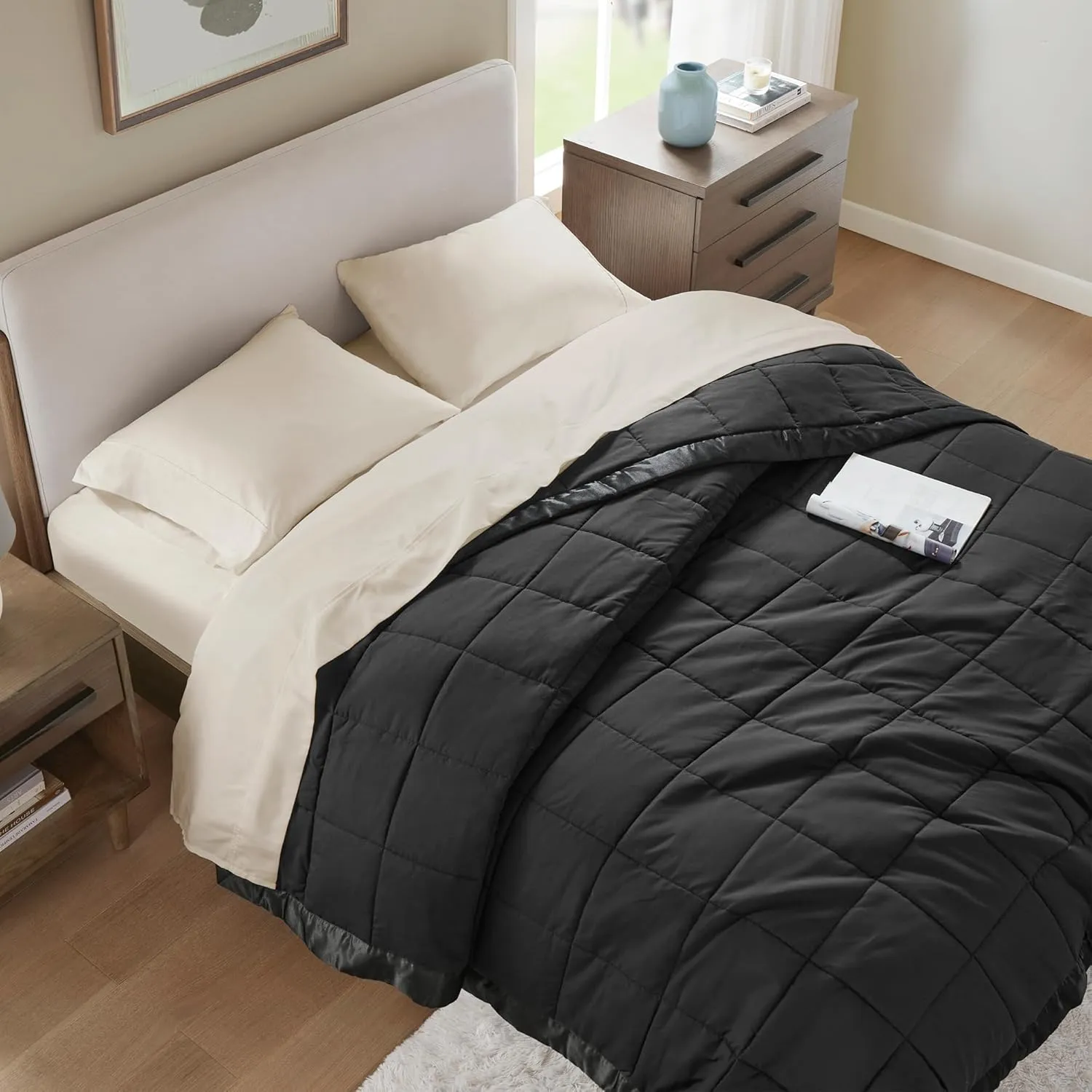 Madison Park Ultra-Soft Microfiber Blanket, Box Quilting with Satin Binding, All Season & Lightweight Summer Blanket for Bed, Couch & Sofa, Full/Queen, Black