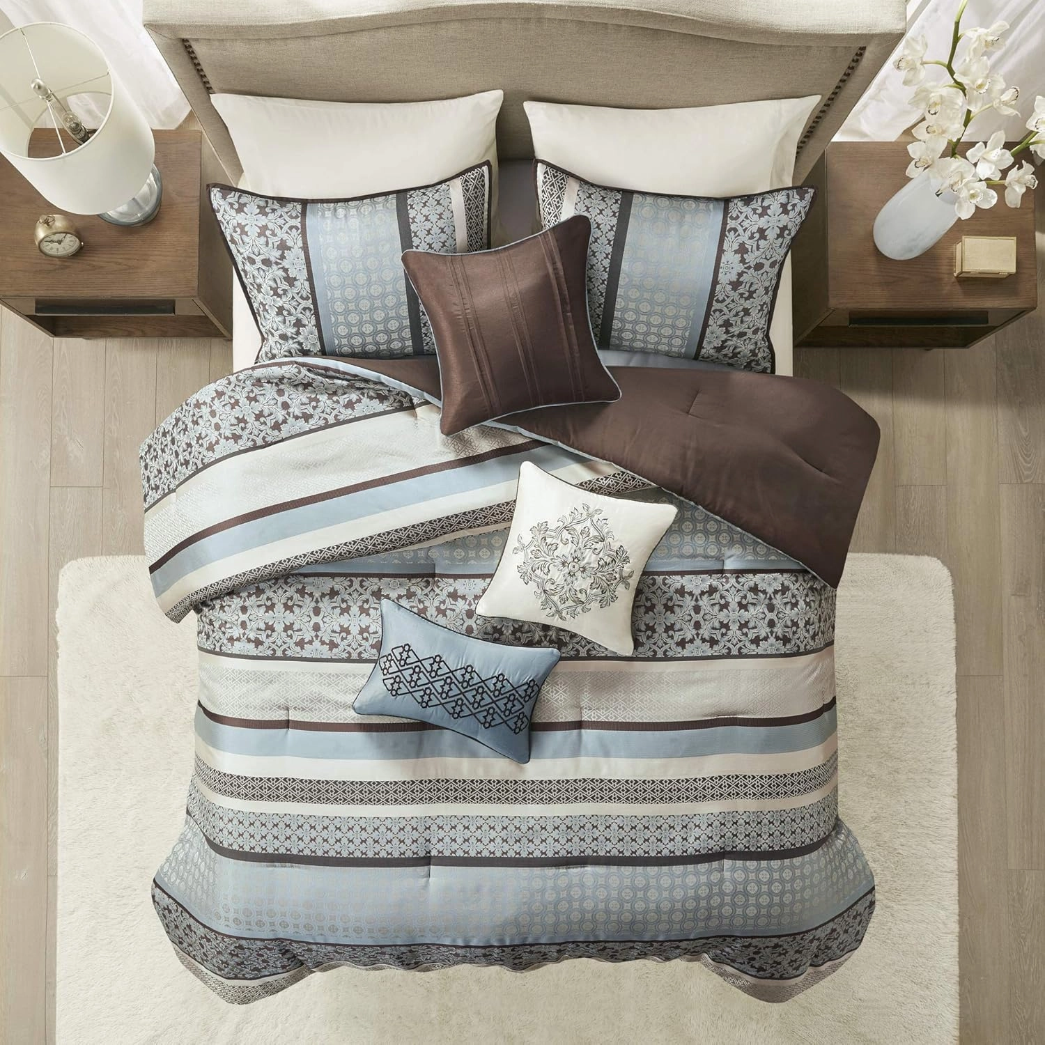 Madison Park Princeton Cozy Comforter Set - Luxurious Jaquard Traditional Damask Design, All Season Down Alternative Bedding with Matching Shams, Decorative Pillow, Cal King(104"x92"), Blue 7 Piece