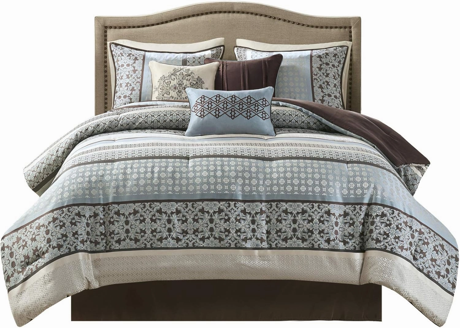 Madison Park Princeton Cozy Comforter Set - Luxurious Jaquard Traditional Damask Design, All Season Down Alternative Bedding with Matching Shams, Decorative Pillow, Cal King(104"x92"), Blue 7 Piece