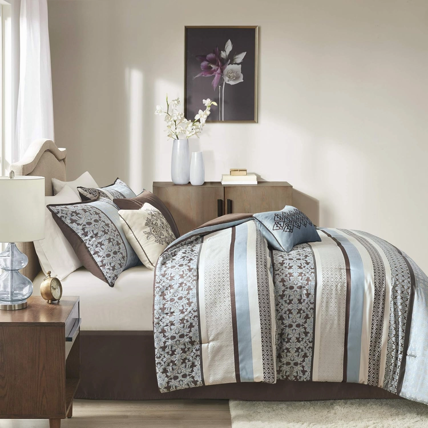Madison Park Princeton Cozy Comforter Set - Luxurious Jaquard Traditional Damask Design, All Season Down Alternative Bedding with Matching Shams, Decorative Pillow, Cal King(104"x92"), Blue 7 Piece