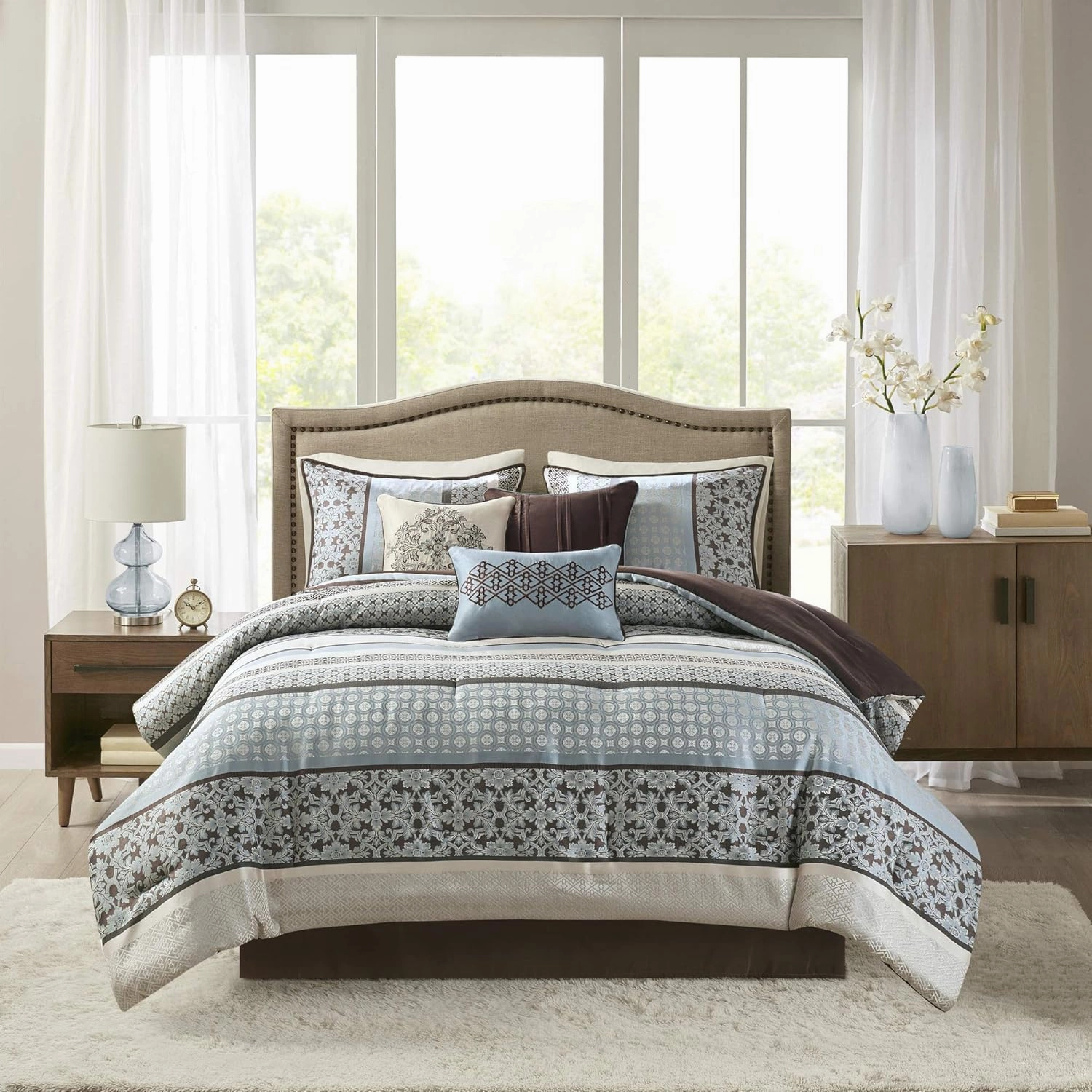 Madison Park Princeton Cozy Comforter Set - Luxurious Jaquard Traditional Damask Design, All Season Down Alternative Bedding with Matching Shams, Decorative Pillow, Cal King(104"x92"), Blue 7 Piece