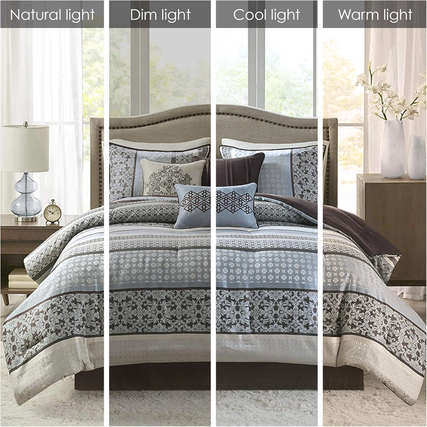 Madison Park Princeton Cozy Comforter Set - Luxurious Jaquard Traditional Damask Design, All Season Down Alternative Bedding with Matching Shams, Decorative Pillow, Cal King(104"x92"), Blue 7 Piece