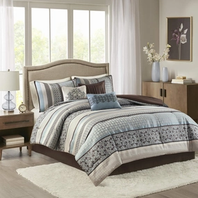 Madison Park Princeton Cozy Comforter Set - Luxurious Jaquard Traditional Damask Design, All Season Down Alternative Bedding with Matching Shams, Decorative Pillow, Cal King(104"x92"), Blue 7 Piece