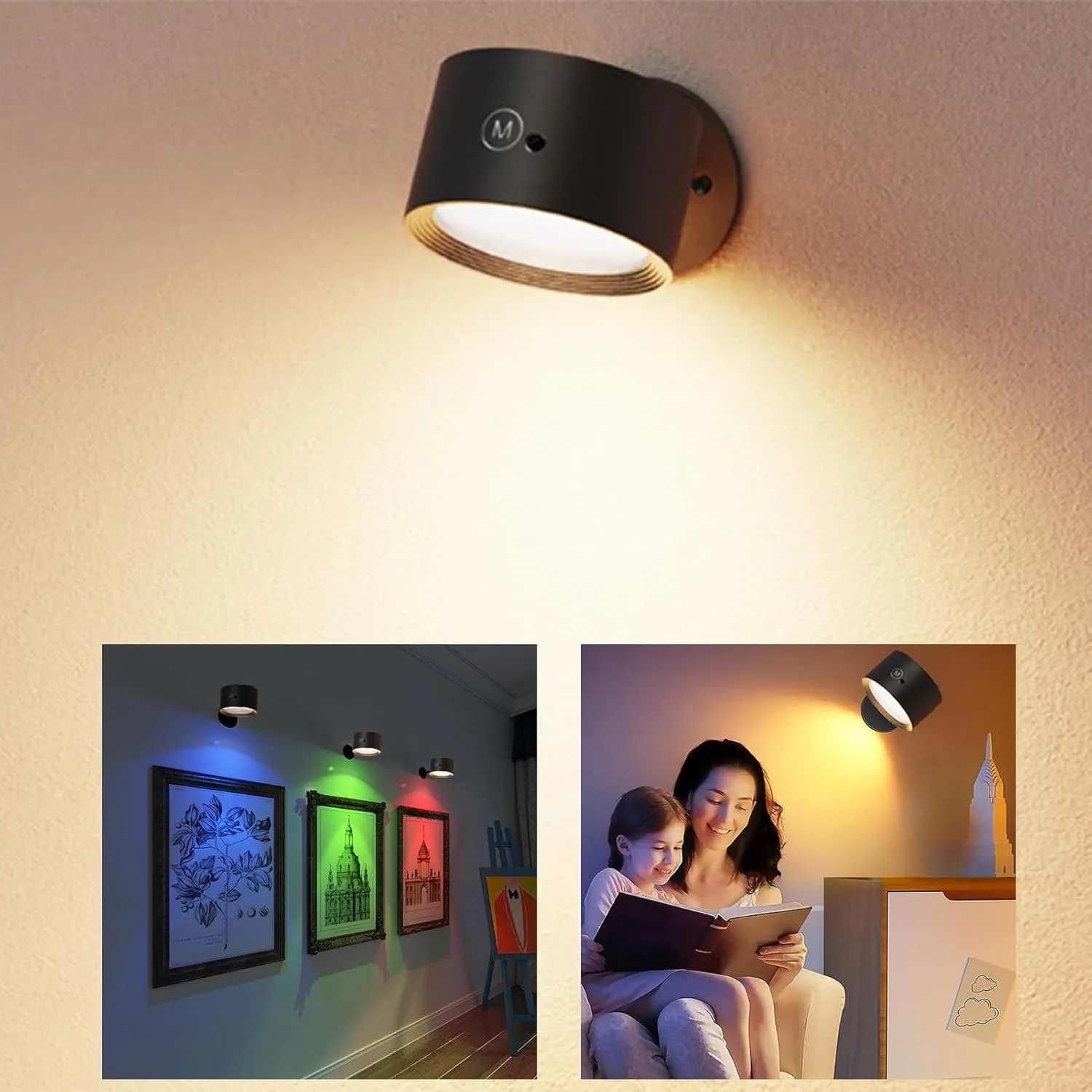 Magnetic Wall Sconce Dimmable, 2 Pack Rechargeable Battery Operated USB, Picture Painting Wall Light with Remote, 360° Rotate Magnetic Ball LED Wall Mounted Lamp (Black#A)