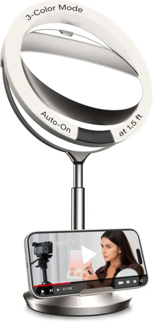 Makeup Mirror LED 10X Magnifying Vanity with lights - Double Sided with Adjustable Brightness 180 Rotation for Bathroom Desk - Rechargeable with Removable Phone Holder and Auto-On Mode