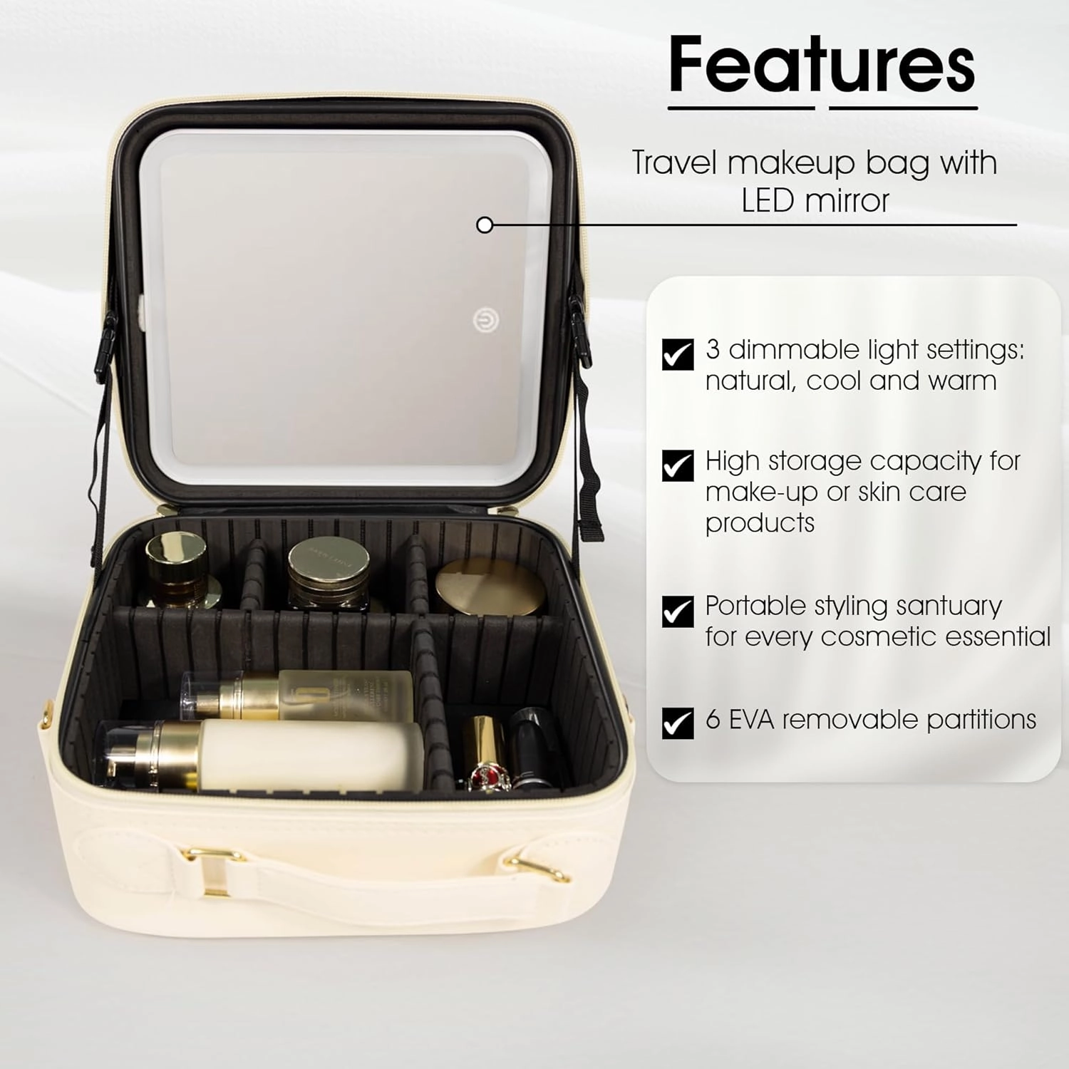 Makeup Organiser Case: Professional Cosmetic Artist Organiser with Large LED Mirror and Adjustable Brightness. Partitionable and Portable Train Case with extra Accessories (Ivory White)