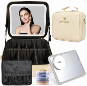 Makeup Organiser Case: Professional Cosmetic Artist Organiser with Large LED Mirror and Adjustable Brightness. Partitionable and Portable Train Case with extra Accessories (Ivory White)