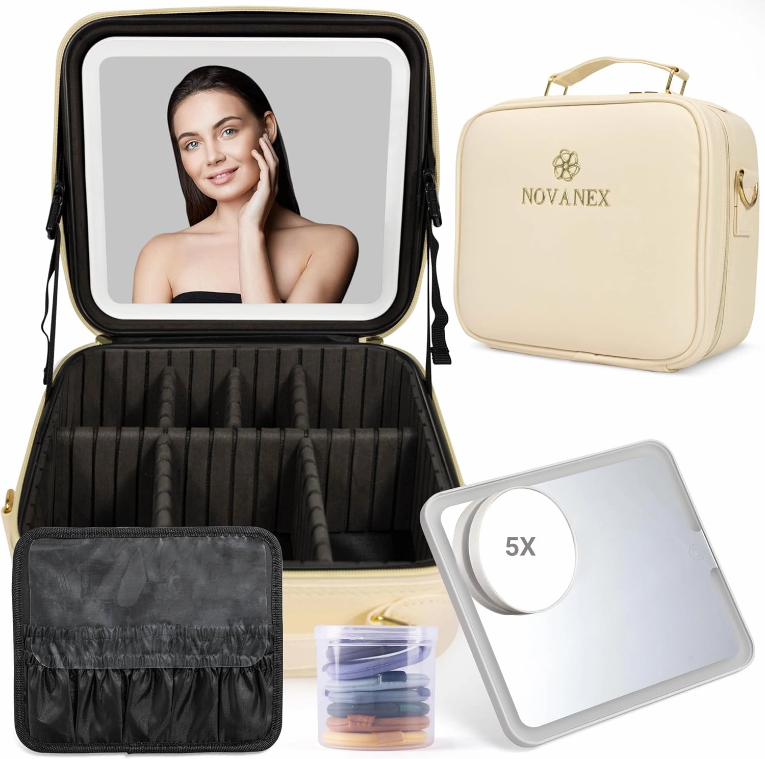 Makeup Organiser Case: Professional Cosmetic Artist Organiser with Large LED Mirror and Adjustable Brightness. Partitionable and Portable Train Case with extra Accessories (Ivory White)
