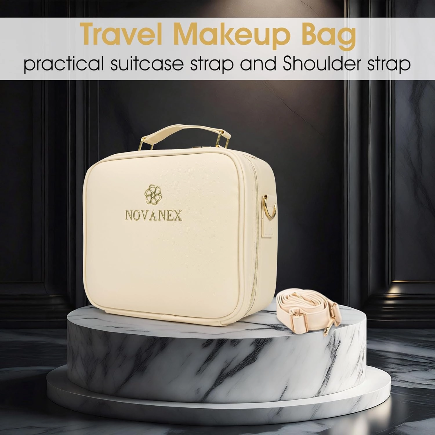 Makeup Organiser Case: Professional Cosmetic Artist Organiser with Large LED Mirror and Adjustable Brightness. Partitionable and Portable Train Case with extra Accessories (Ivory White)