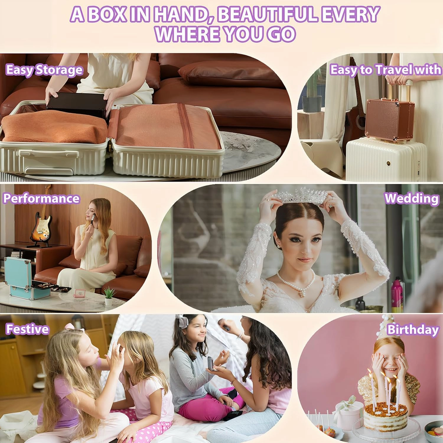 Makeup Organizer Box with Detachable Lighted Mirror, Travel Train Cosmetic Case, Adjustable Divider Storage Bag, Portable Artist Storage Suitcase with Magnetic LED Mirror (Light Pink)