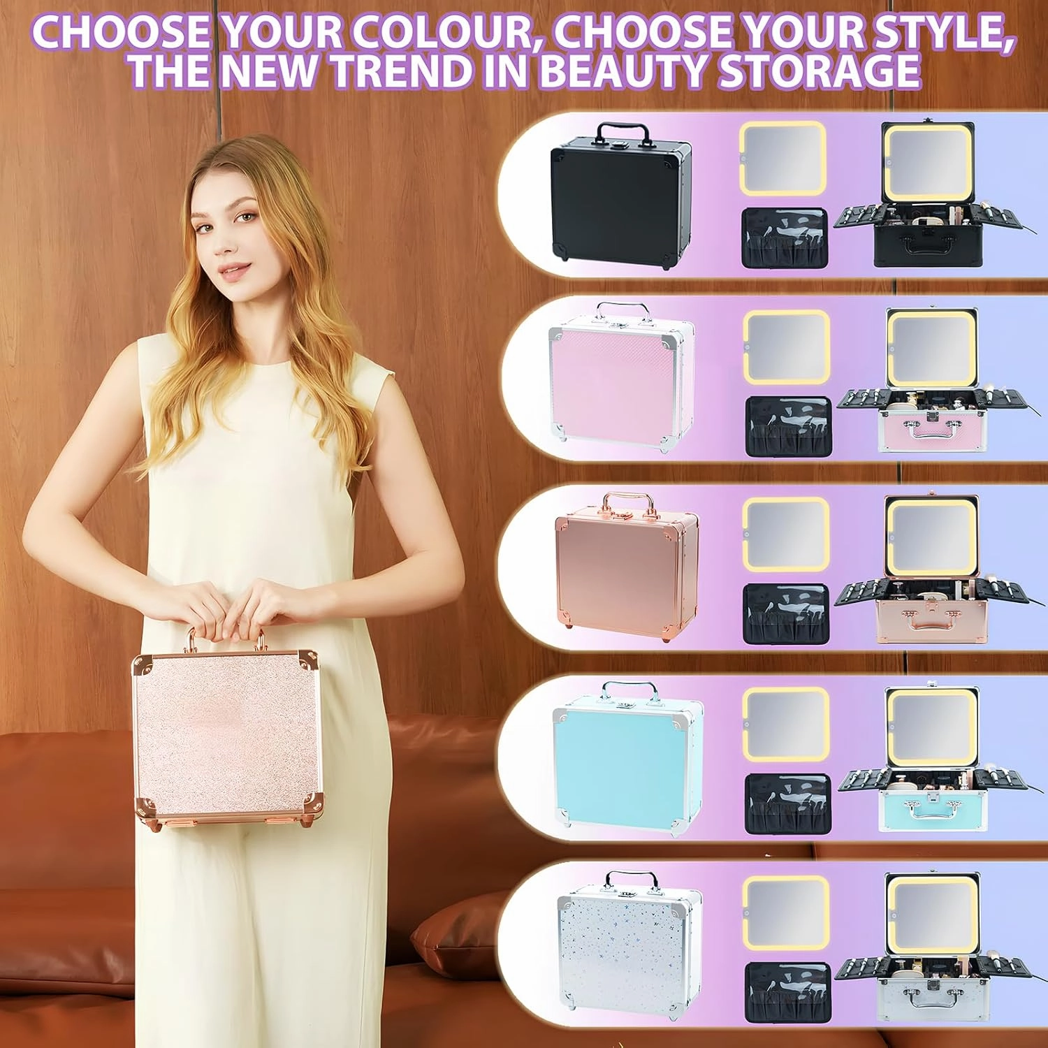 Makeup Organizer Box with Detachable Lighted Mirror, Travel Train Cosmetic Case, Adjustable Divider Storage Bag, Portable Artist Storage Suitcase with Magnetic LED Mirror (Light Pink)