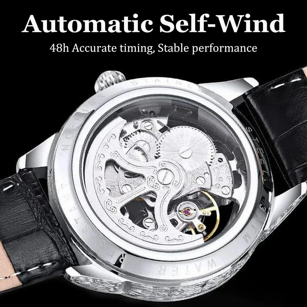 Man Watches Leather Automatic Mechanical Watches Hollow Out Vintage Carving Dial Fashion Business Waterproof Wristwatch