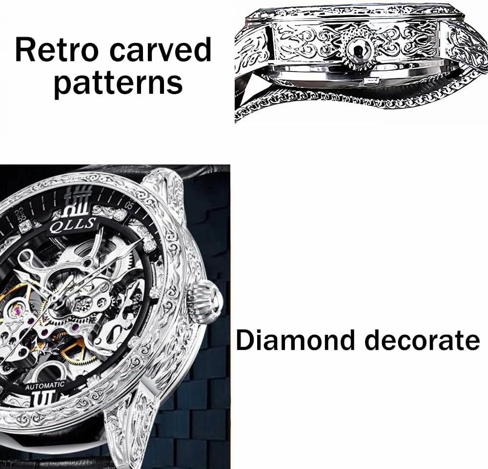 Man Watches Leather Automatic Mechanical Watches Hollow Out Vintage Carving Dial Fashion Business Waterproof Wristwatch