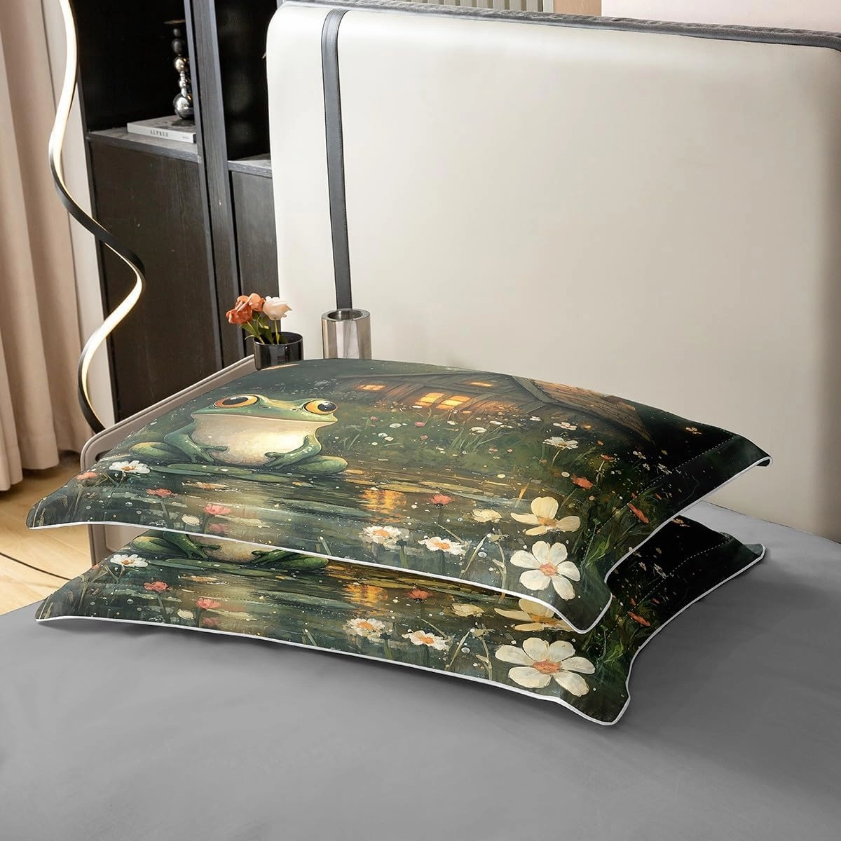 Manfei Lodge Frog Duvet Cover 100% Cotton Twin Size,Rustic Cabin Jungle Wild Animal Starry Comforter Cover(No Filler) for Room Decor,Nature Daisy Flowers Lake Lotus Leaves Bedding Set,2 Pcs