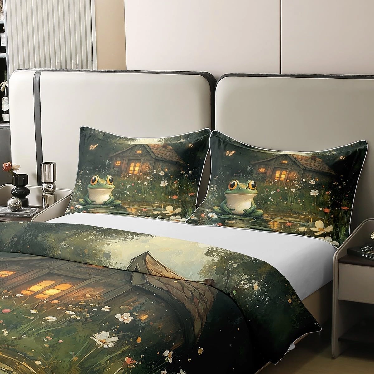 Manfei Lodge Frog Duvet Cover 100% Cotton Twin Size,Rustic Cabin Jungle Wild Animal Starry Comforter Cover(No Filler) for Room Decor,Nature Daisy Flowers Lake Lotus Leaves Bedding Set,2 Pcs