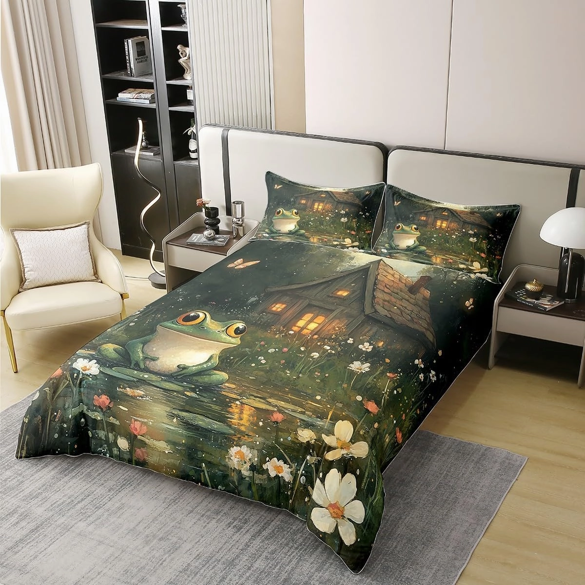 Manfei Lodge Frog Duvet Cover 100% Cotton Twin Size,Rustic Cabin Jungle Wild Animal Starry Comforter Cover(No Filler) for Room Decor,Nature Daisy Flowers Lake Lotus Leaves Bedding Set,2 Pcs