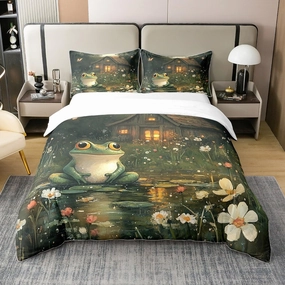 Manfei Lodge Frog Duvet Cover 100% Cotton Twin Size,Rustic Cabin Jungle Wild Animal Starry Comforter Cover(No Filler) for Room Decor,Nature Daisy Flowers Lake Lotus Leaves Bedding Set,2 Pcs