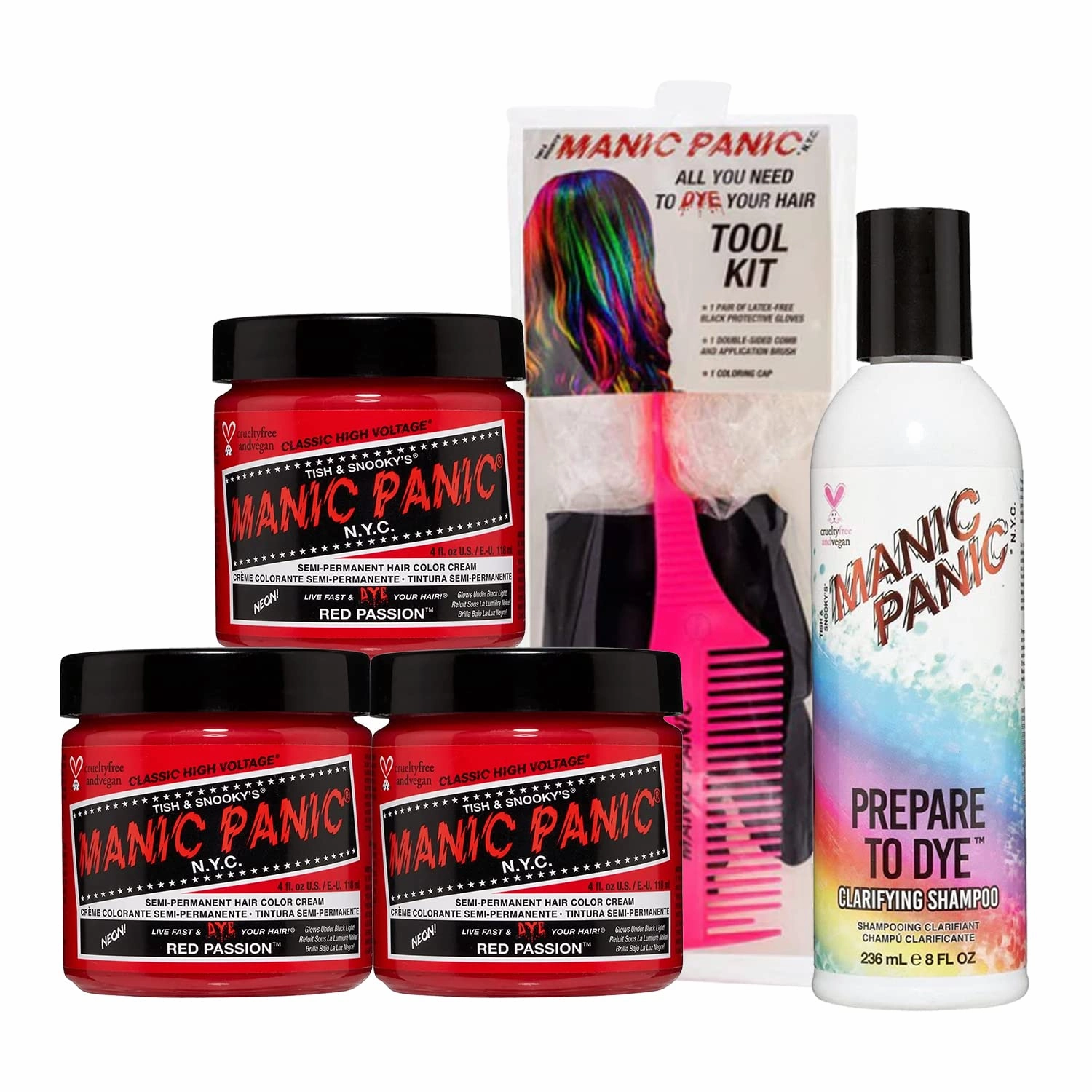 MANIC PANIC Red Passion Hair Dye Classic 3 Packs Bundle with Prepare to Dye Clarifying Shampoo and Hair Dye Tool Kit