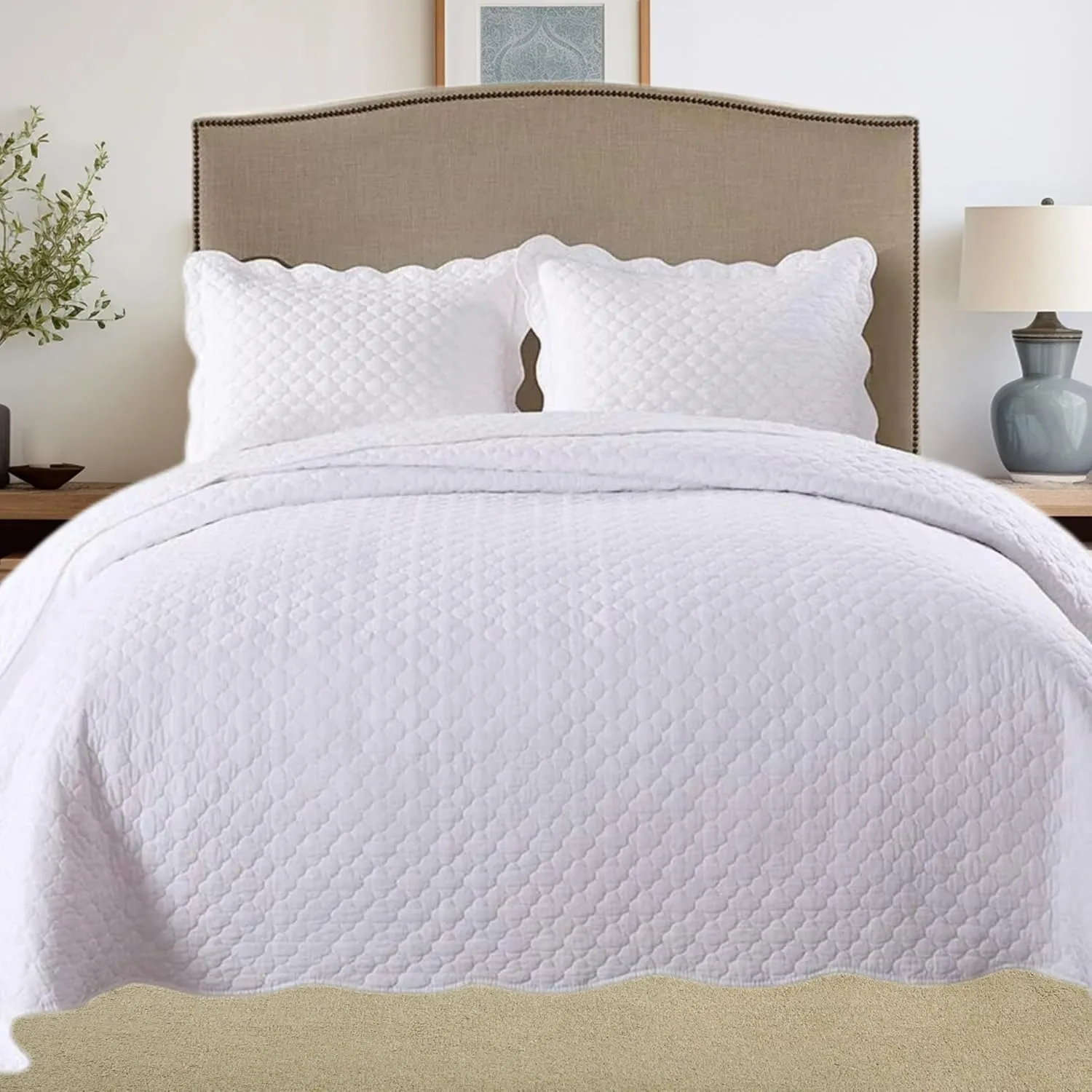 MarCielo 3 Piece 100% White Cotton Quilt Set Lightweight Bedspread Bed Coverlets Comforter Set, Cloud(King)