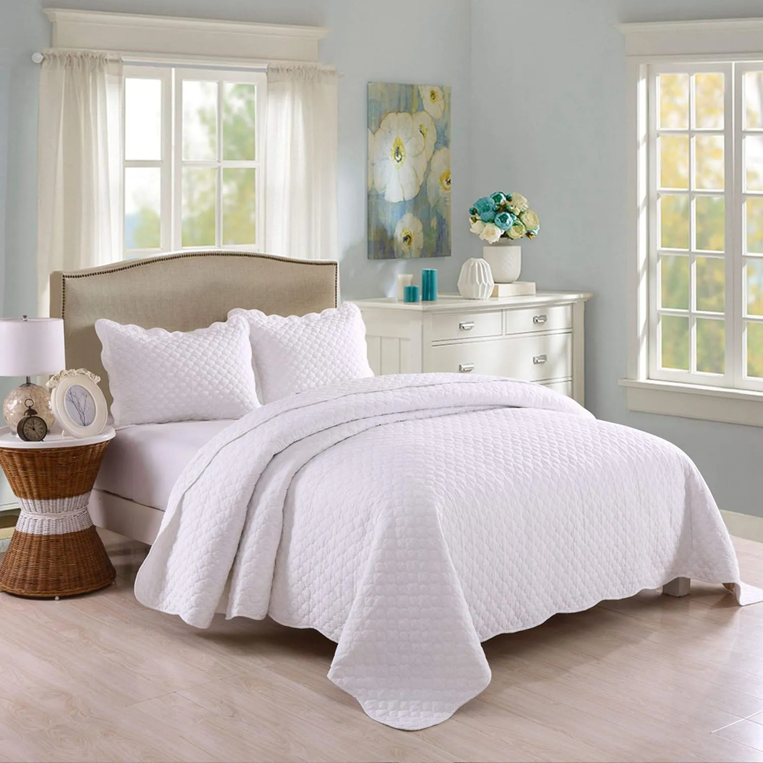 MarCielo 3 Piece 100% White Cotton Quilt Set Lightweight Bedspread Bed Coverlets Comforter Set, Cloud(King)