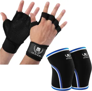 Mava Sports Ventilated Weightlifting Workout Gloves with Wrist Support for Men and Women Knee Compression Sleeves for Weightlifting, WOD, Gym Workout, Powerlifting (Black M)