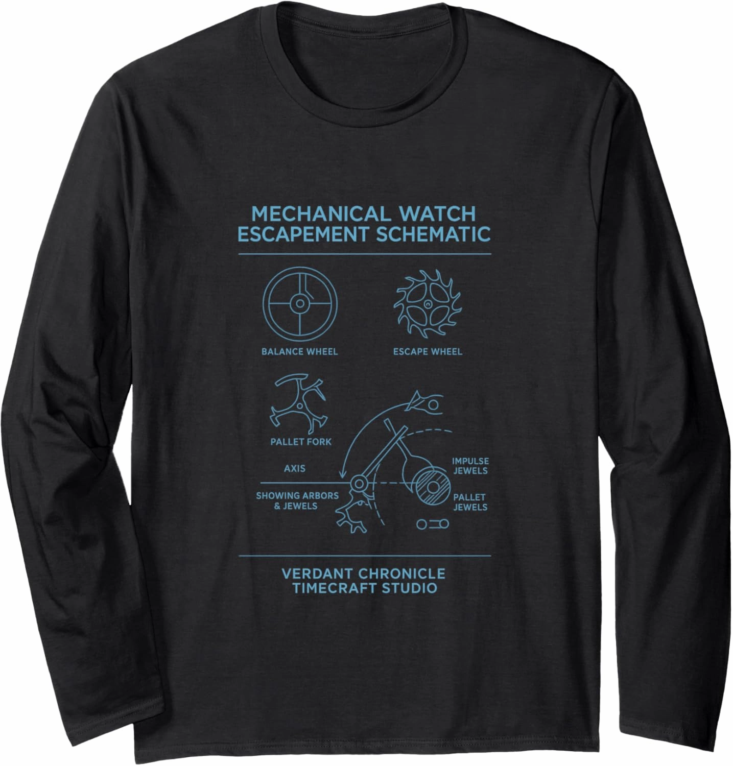 Mechanical Watch Escapement Blueprint Schematic Chart Long Sleeve T-Shirt