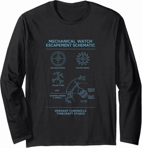 Mechanical Watch Escapement Blueprint Schematic Chart Long Sleeve T-Shirt