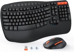 MEETION Wave Ergonomic Keyboard and Mouse Wireless, USB/Bluetooth Wave Ergo Keyboard with Wrist Rest, 4 DPI Adjustable Swing Wheel Silent Wireless Mouse Rechargeable for Windows/Mac/Android Director-D
