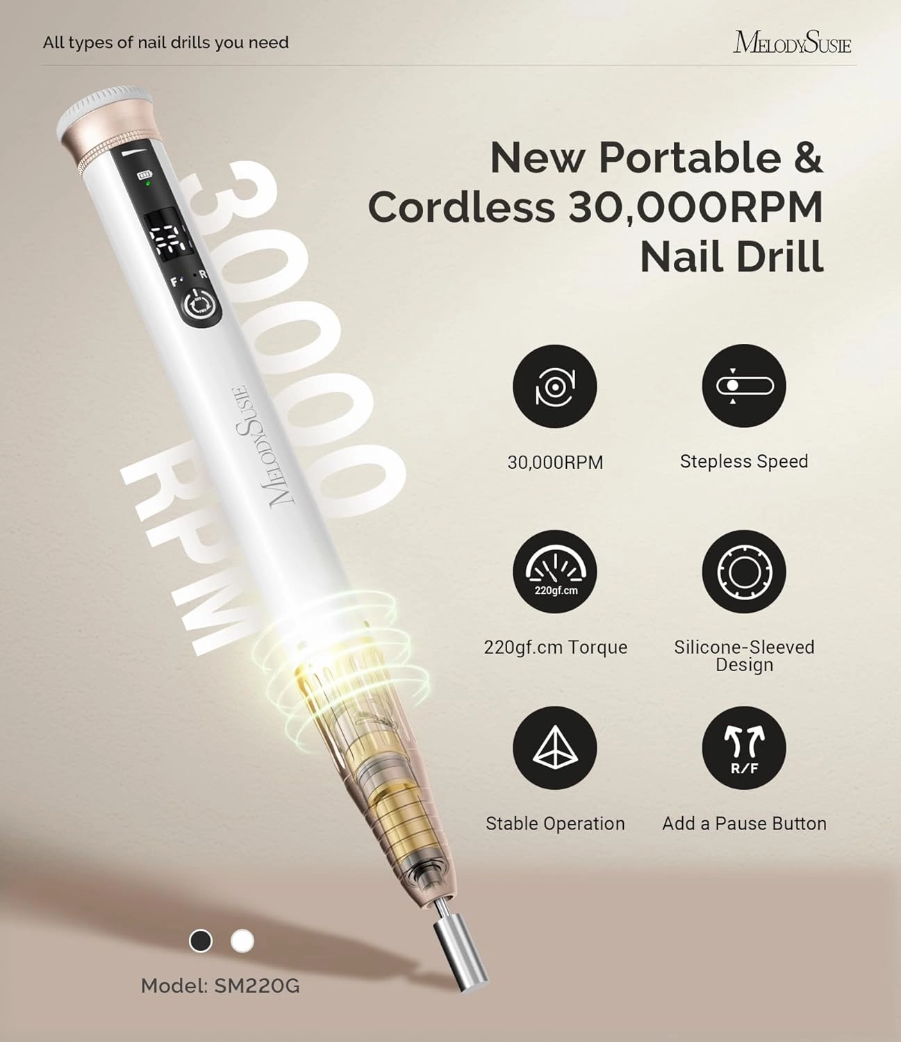 MelodySusie Electric Nail Drill, Portable Cordless Rechargeable Nail File Bits & Sanding Bands Kit for Acrylic & Gel Nails, 30000RPM Professional Efile for Manicure Pedicure Polishing, SM220G White