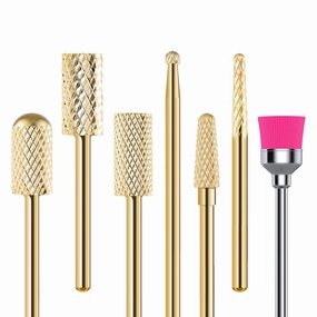 MelodySusie Nail Drill Bits Set, 7pcs Tungsten Carbide Nail Bits for Nail Drill E-file, 3/32 inch Bits Manicure Pedicure Remover Tools for Acrylic Gel Nails, Salon Home Nail Care Supplies, Gold