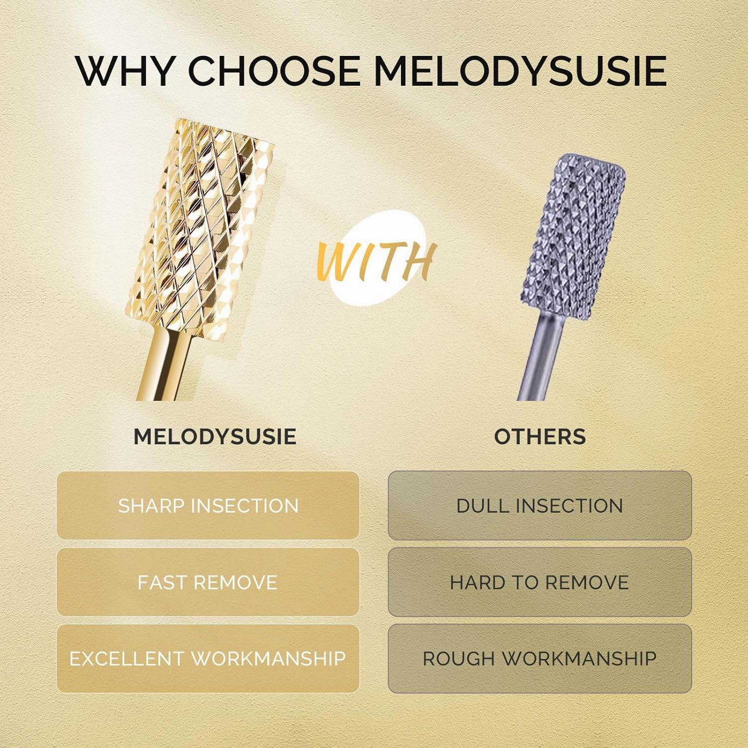 MelodySusie Nail Drill Bits Set, 7pcs Tungsten Carbide Nail Bits for Nail Drill E-file, 3/32 inch Bits Manicure Pedicure Remover Tools for Acrylic Gel Nails, Salon Home Nail Care Supplies, Gold