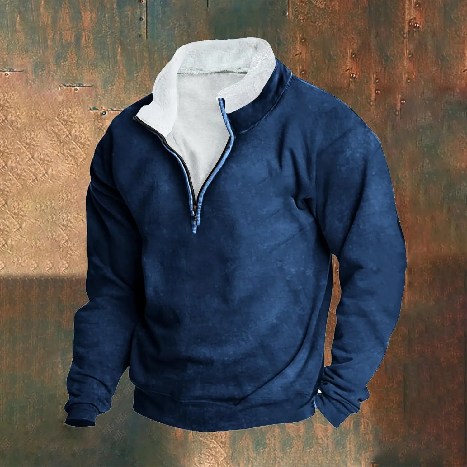 Men Sherpa Lined Fleece T Shirts Simple Solid Color Shirt 1/4 Zipper Loose Long Sleeve Warm Casual Tops