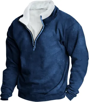 Men Sherpa Lined Fleece T Shirts Simple Solid Color Shirt 1/4 Zipper Loose Long Sleeve Warm Casual Tops